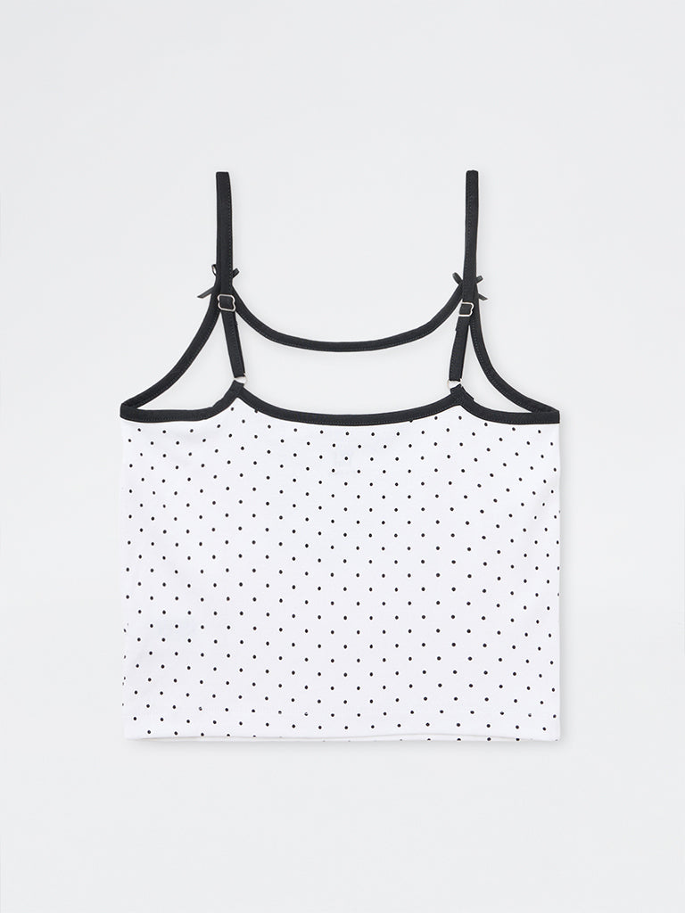 Girls White Polka Dot Printed Cotton-Blend Top