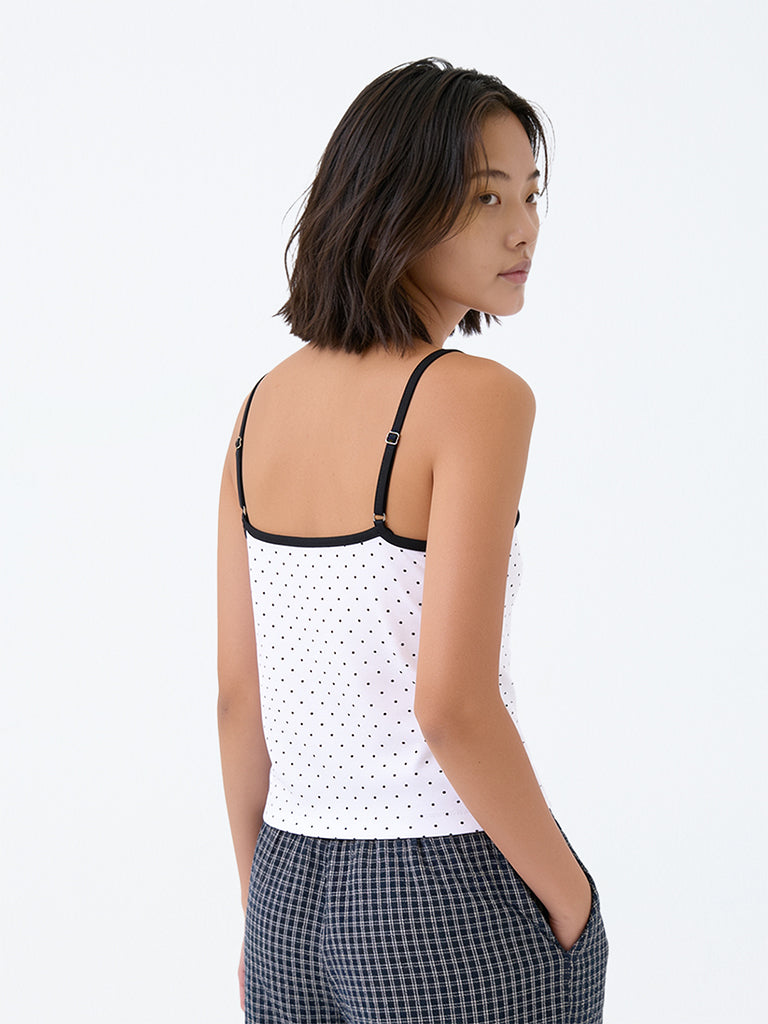 Girls White Polka Dot Printed Cotton-Blend Top