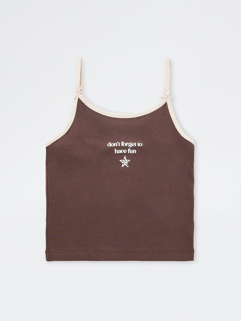 Girls Dark Brown Text-Detail Cotton-Blend Top