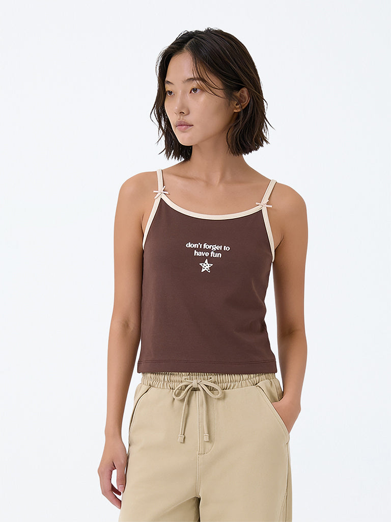 Girls Dark Brown Text-Detail Cotton-Blend Top