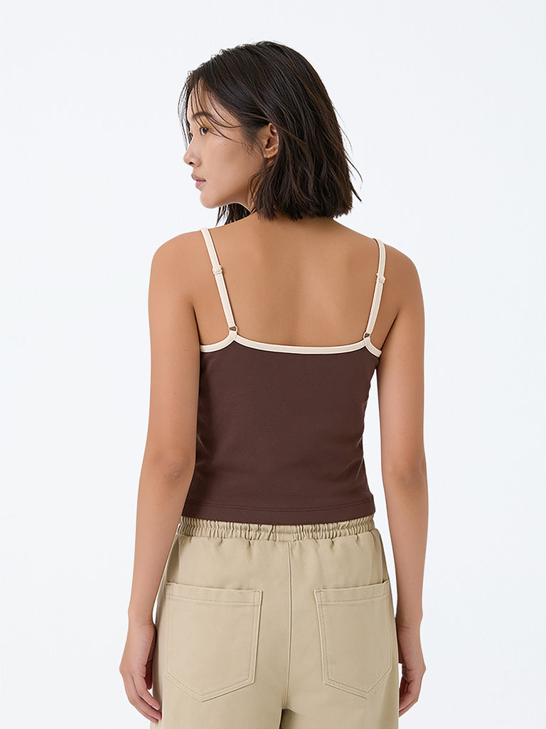 Girls Dark Brown Text-Detail Cotton-Blend Top