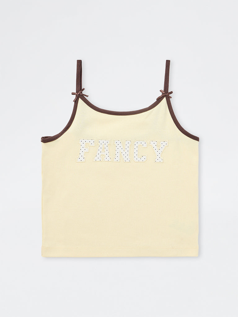 Girls Light Yellow Text Embroidered Cotton-Blend Top