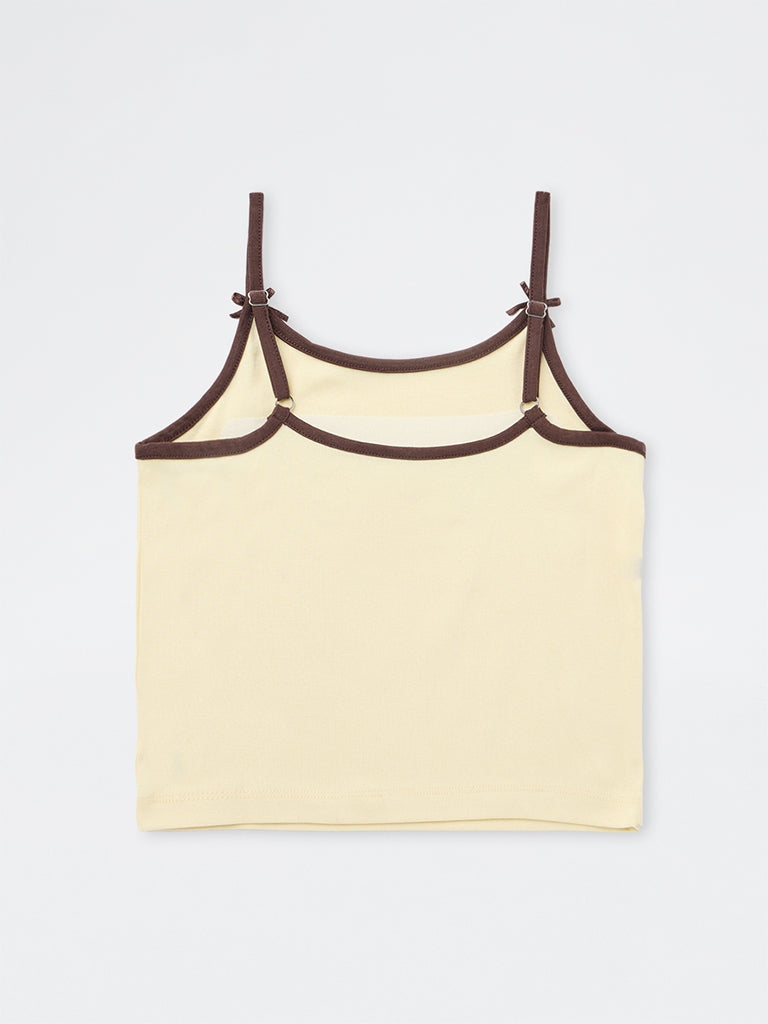 Girls Light Yellow Text Embroidered Cotton-Blend Top