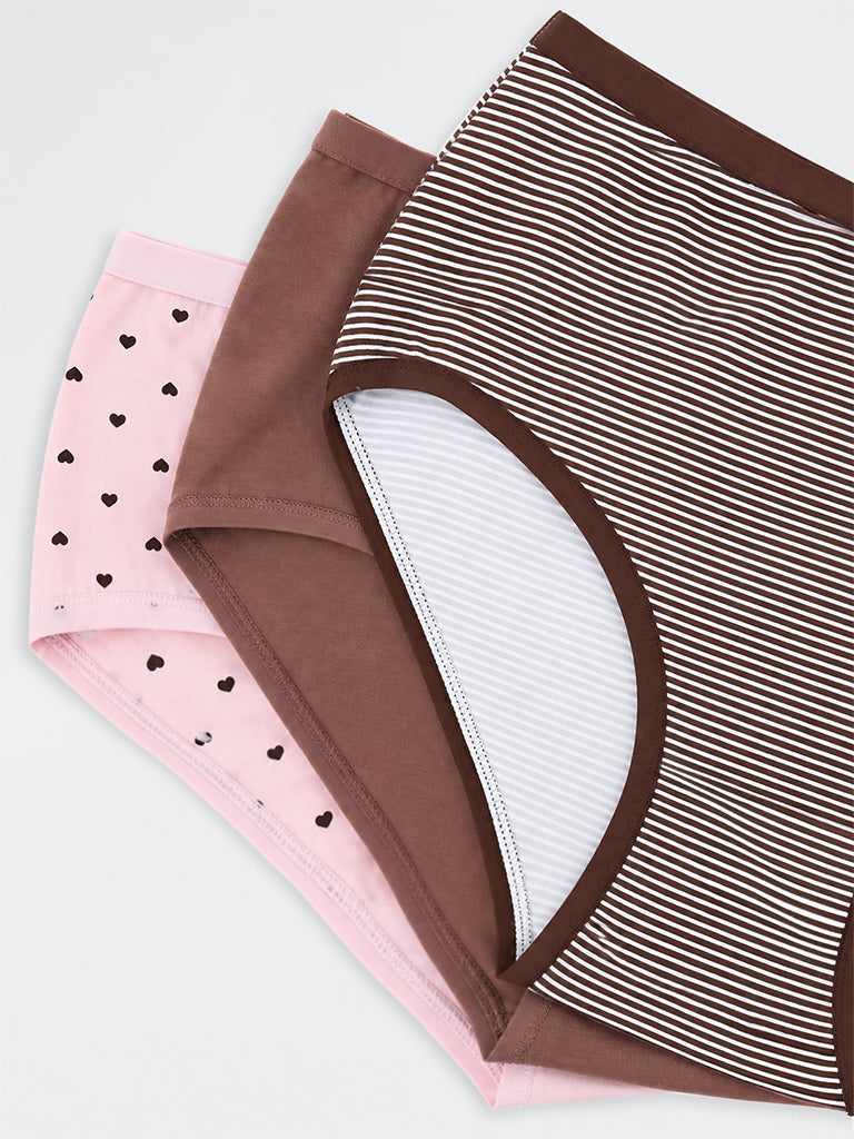 Wunderlove Dark Brown Striped Cotton-Blend High-Rise Briefs - Pack of 3