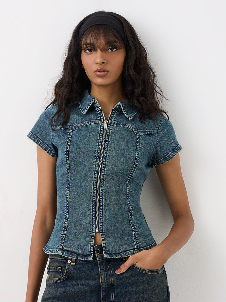 Nuon Blue Zipper-Detail Denim Top