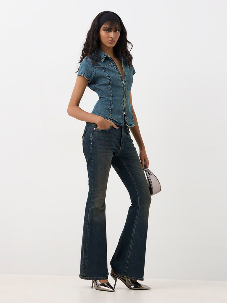 Nuon Blue Zipper-Detail Denim Top