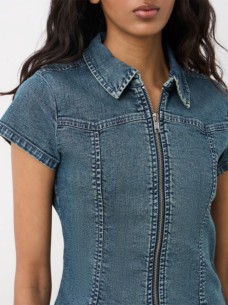 Nuon Blue Zipper-Detail Denim Top