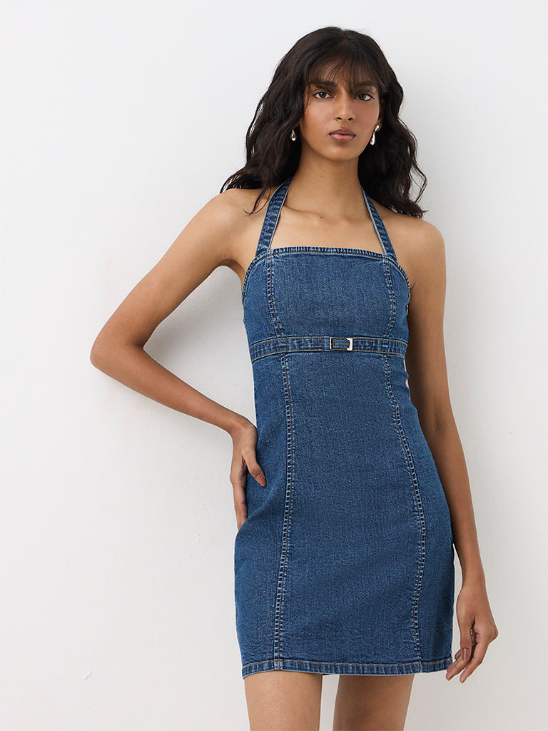 Nuon Blue Halter-Neck Denim Sheath Dress