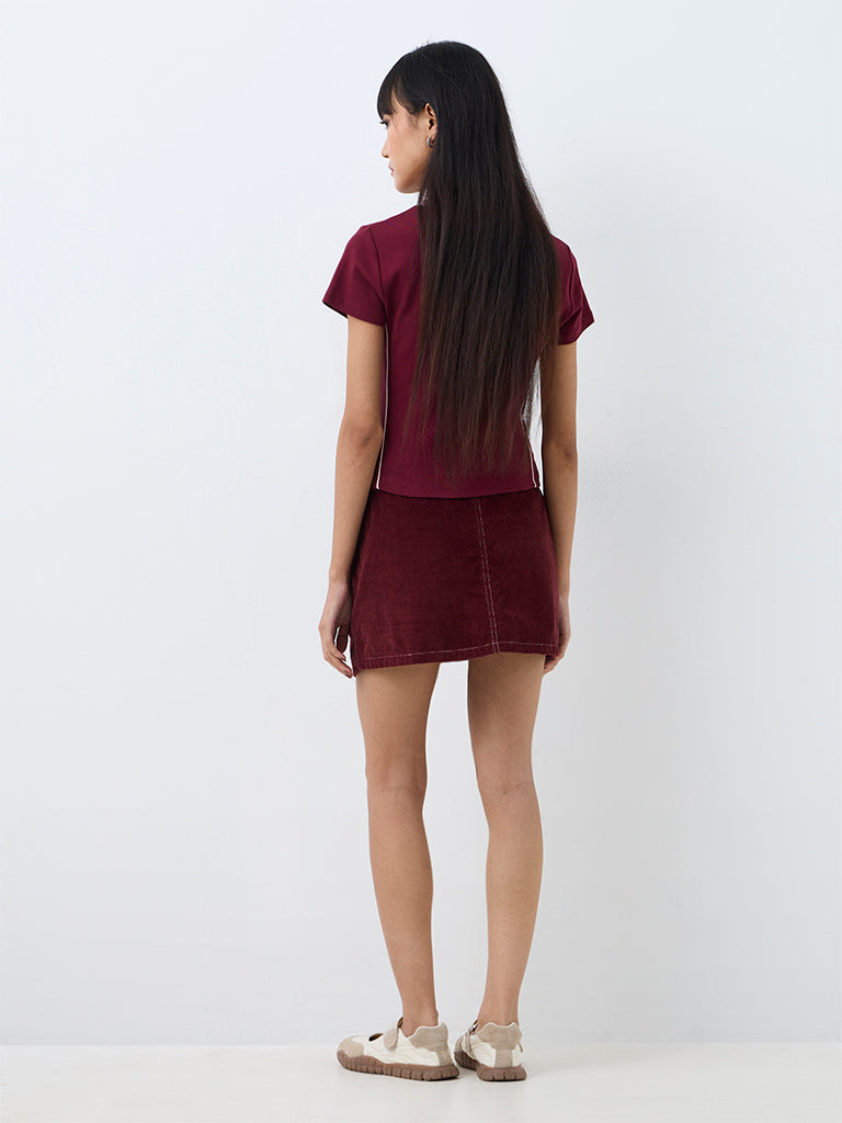 Nuon Burgundy High-Rise Corduroy Cotton Skirt