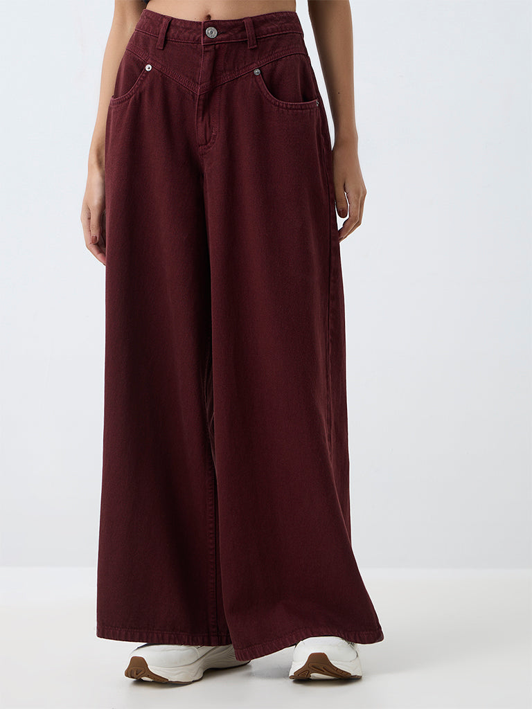 Nuon Burgundy Solid High-Waist Wide-Leg Jeans