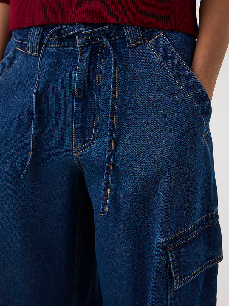 Nuon Dark Blue Relaxed-Fit High-Waist Cargo Jeans