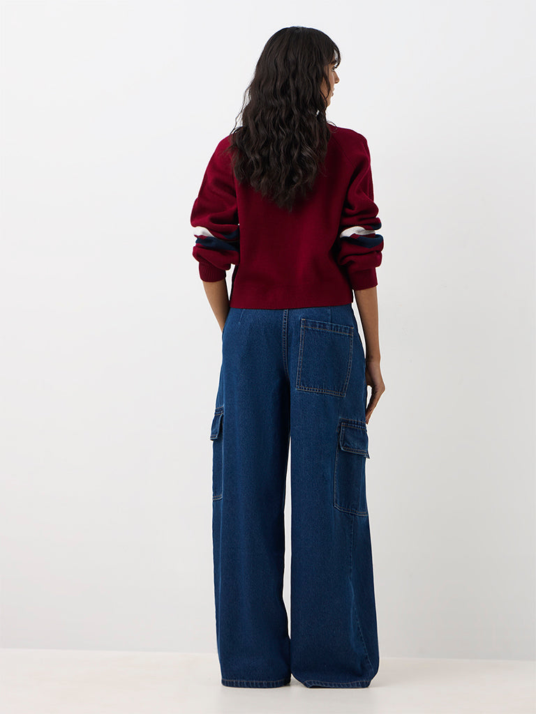 Nuon Dark Blue Relaxed-Fit High-Waist Cargo Jeans