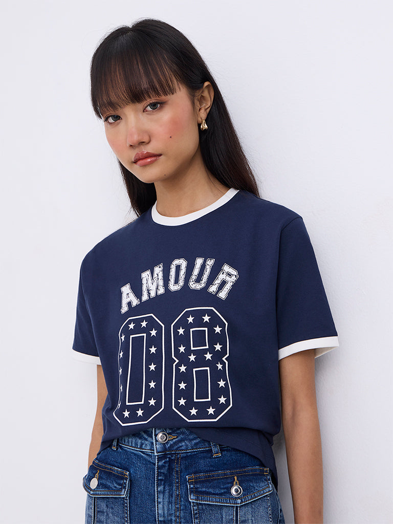 Nuon Navy Numerical Printed Cotton T-Shirt