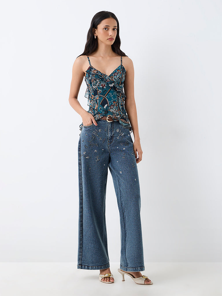 LOV Dark Teal Floral Printed Ruffled Top