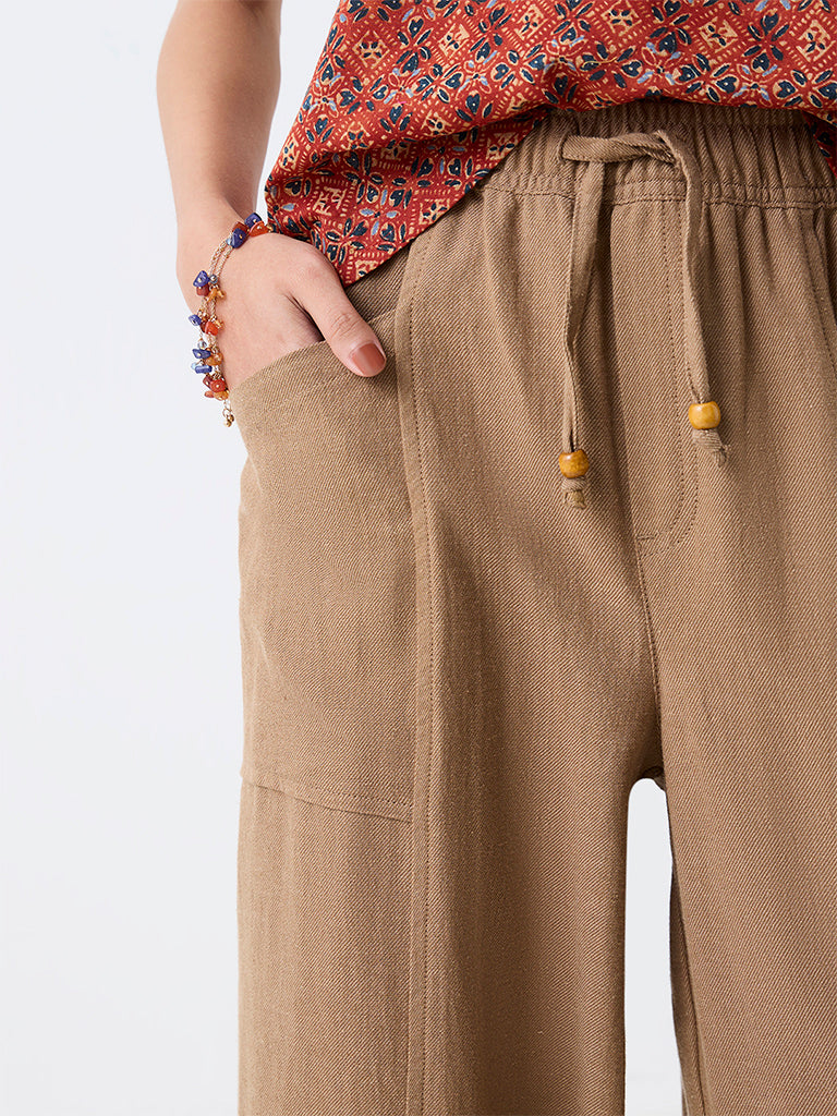 Bombay Paisley Dark Beige High-Rise Cotton-Blend Tapered Pants