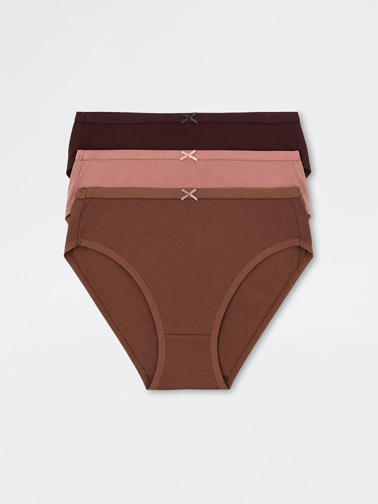 Wunderlove Dark Brown Solid Cotton-Blend Hi-Leg Briefs - Pack of 3