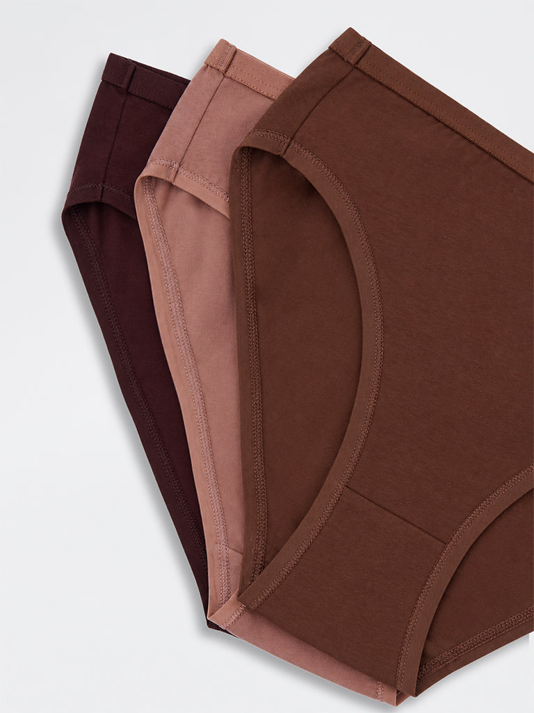 Wunderlove Dark Brown Solid Cotton-Blend Hi-Leg Briefs - Pack of 3