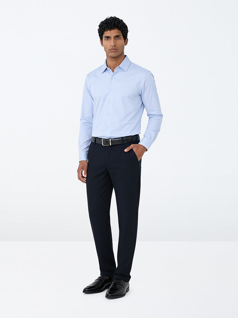WES Formals Blue Solid Slim-Fit Cotton Shirt