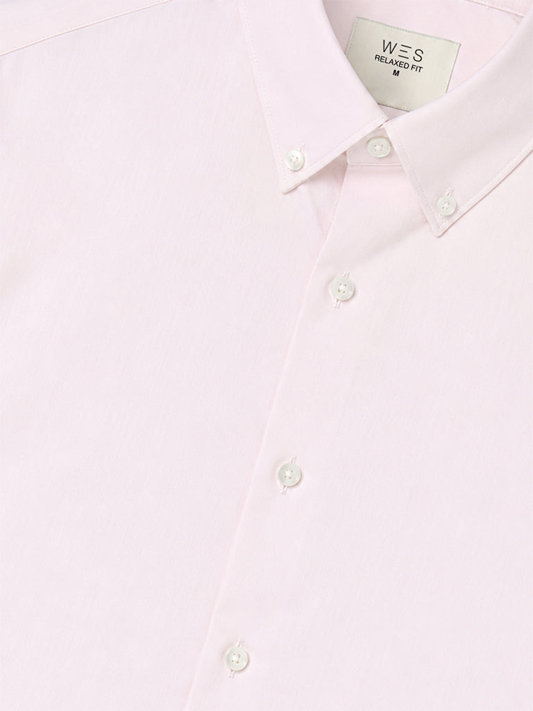 WES Formals Light Pink Solid Slim-Fit Cotton Shirt
