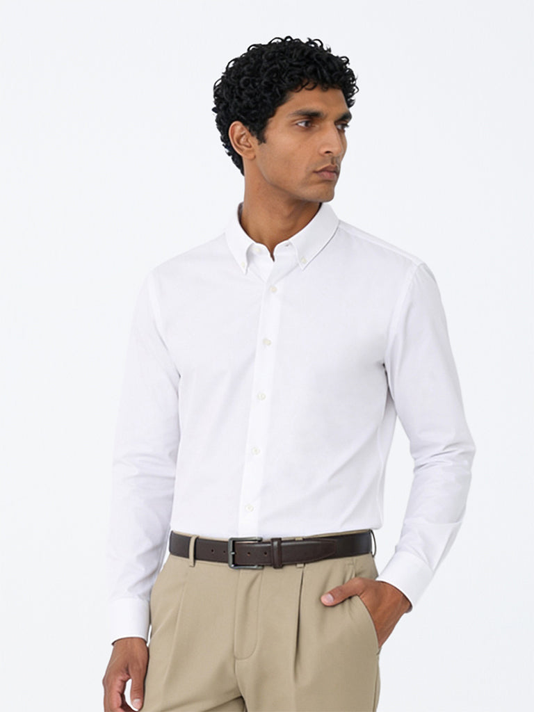 WES Formals White Solid Slim-Fit Cotton Shirt