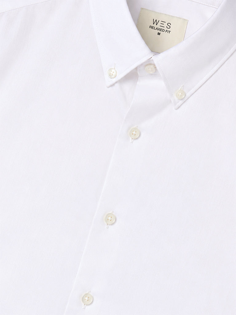 WES Formals White Solid Slim-Fit Cotton Shirt