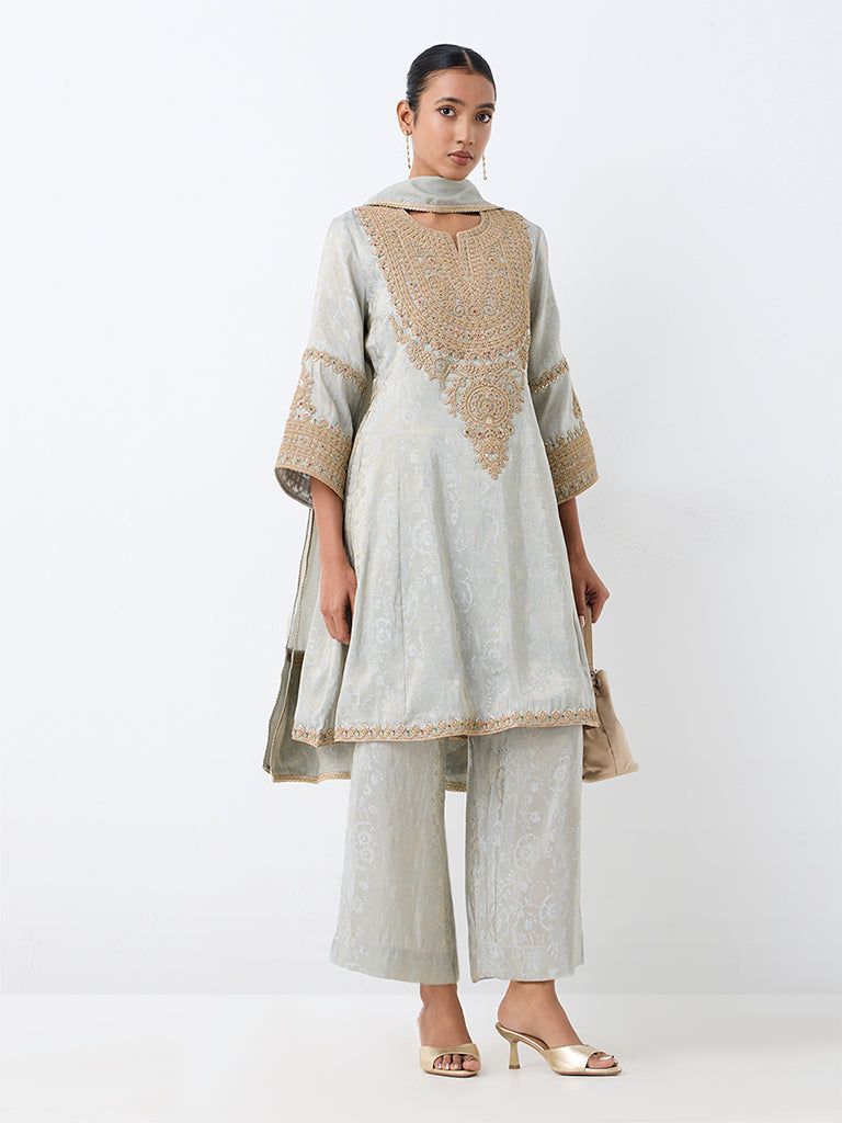 Vark Light Grey Zari-Embroidered A-Line Ethnic Set