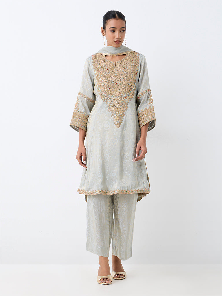Vark Light Grey Zari-Embroidered A-Line Ethnic Set