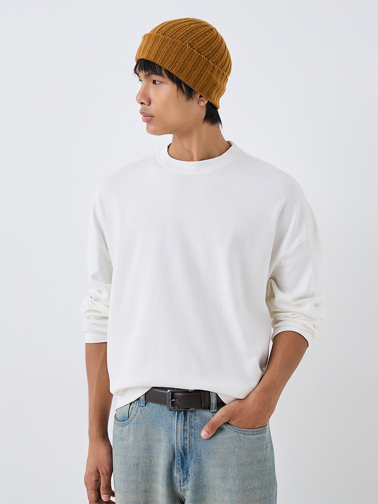 Nuon Off-White Solid Oversized-Fit Cotton Sweatshirt