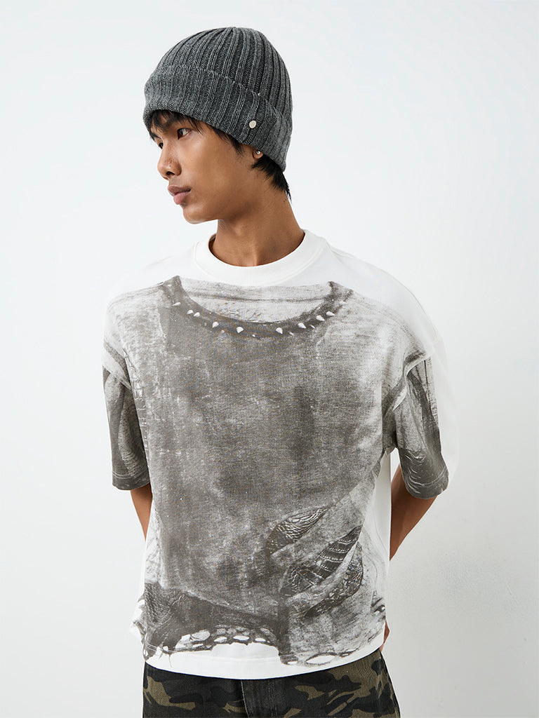 Nuon Off-White Abstract Printed Relaxed-Fit Cotton T-Shirt