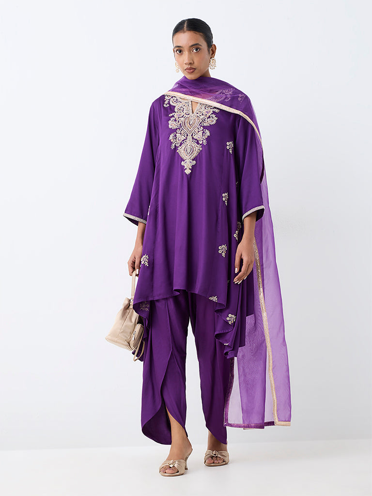 Vark Purple Floral Embroidered Asymmetrical Kurta and Dhoti Pants Set