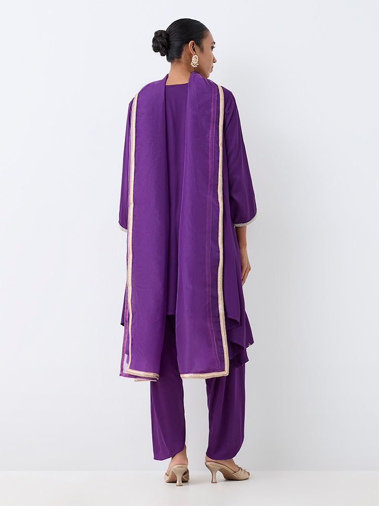 Vark Purple Floral Embroidered Asymmetrical Kurta and Dhoti Pants Set