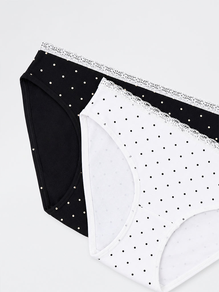 Superstar White Polka Dot Cotton-Blend Bikini Briefs - Pack of 2
