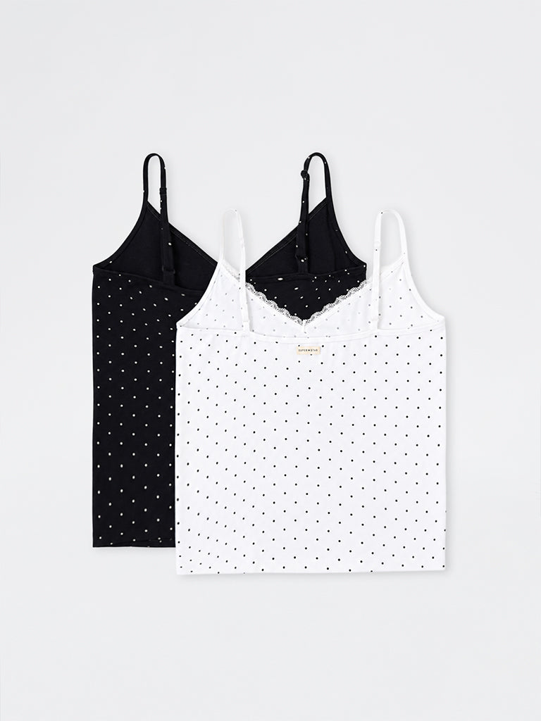 Superstar White Polka Dot Printed Cotton-Blend Camisoles - Pack of 2