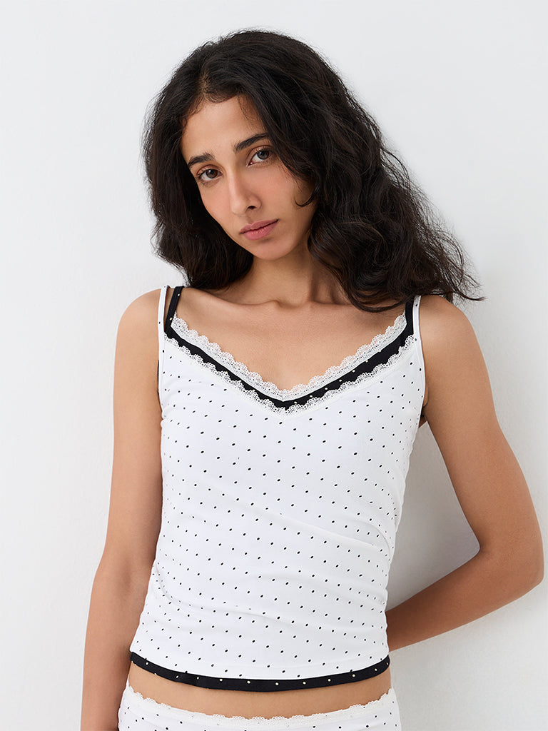 Superstar White Polka Dot Printed Cotton-Blend Camisoles - Pack of 2