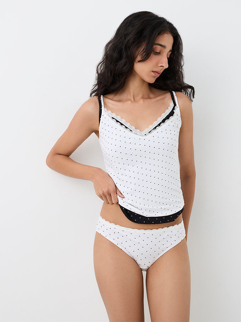 Superstar White Polka Dot Printed Cotton-Blend Camisoles - Pack of 2