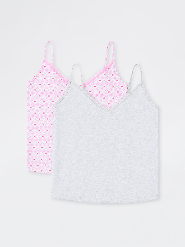 Superstar Light Grey Lace-Detail Cotton-Blend Camisole - Pack of 2