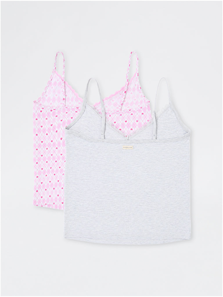 Superstar Light Grey Lace-Detail Cotton-Blend Camisole - Pack of 2