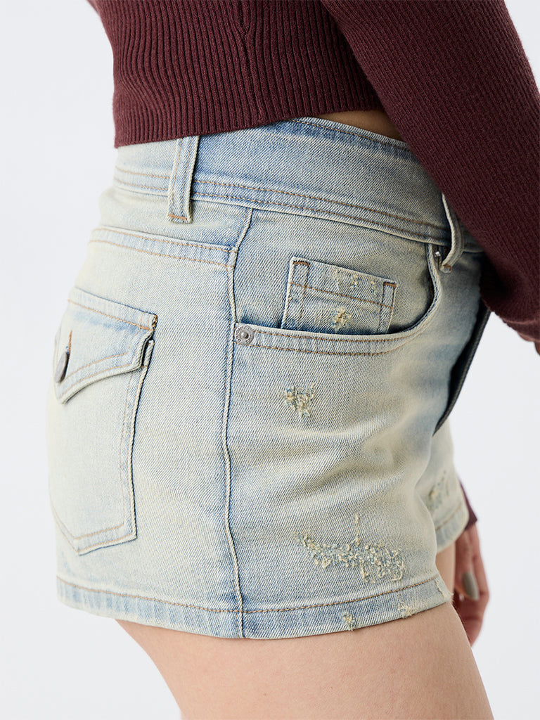Nuon Light Blue Wash High-Waist Shorts with Distressed Details