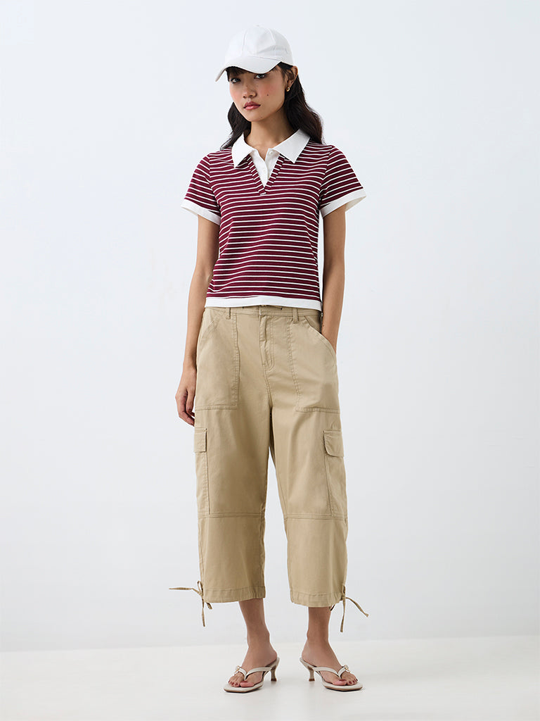 Nuon Light Khaki Cargo-Style High-Rise Cotton-Blend Capri Pants