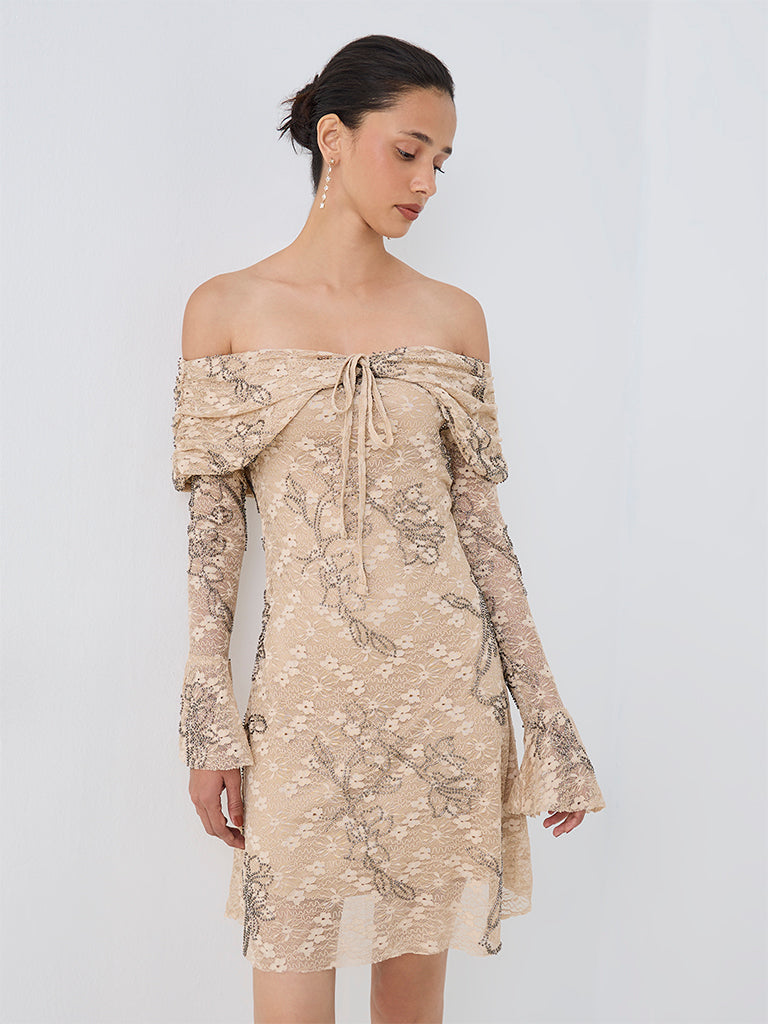 LOV Beige Floral Embellished Mesh A-Line Dress