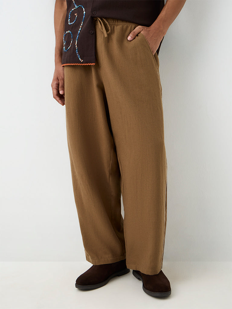 ETA Brown Solid Relaxed-Fit Mid-Rise Cotton-Blend Chinos