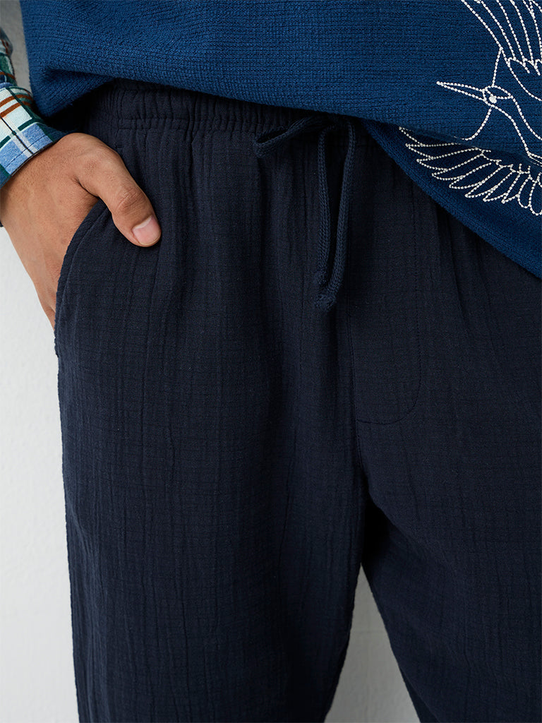 ETA Indigo Crinkle-Textured Relaxed-Fit Mid-Rise Cotton Chinos