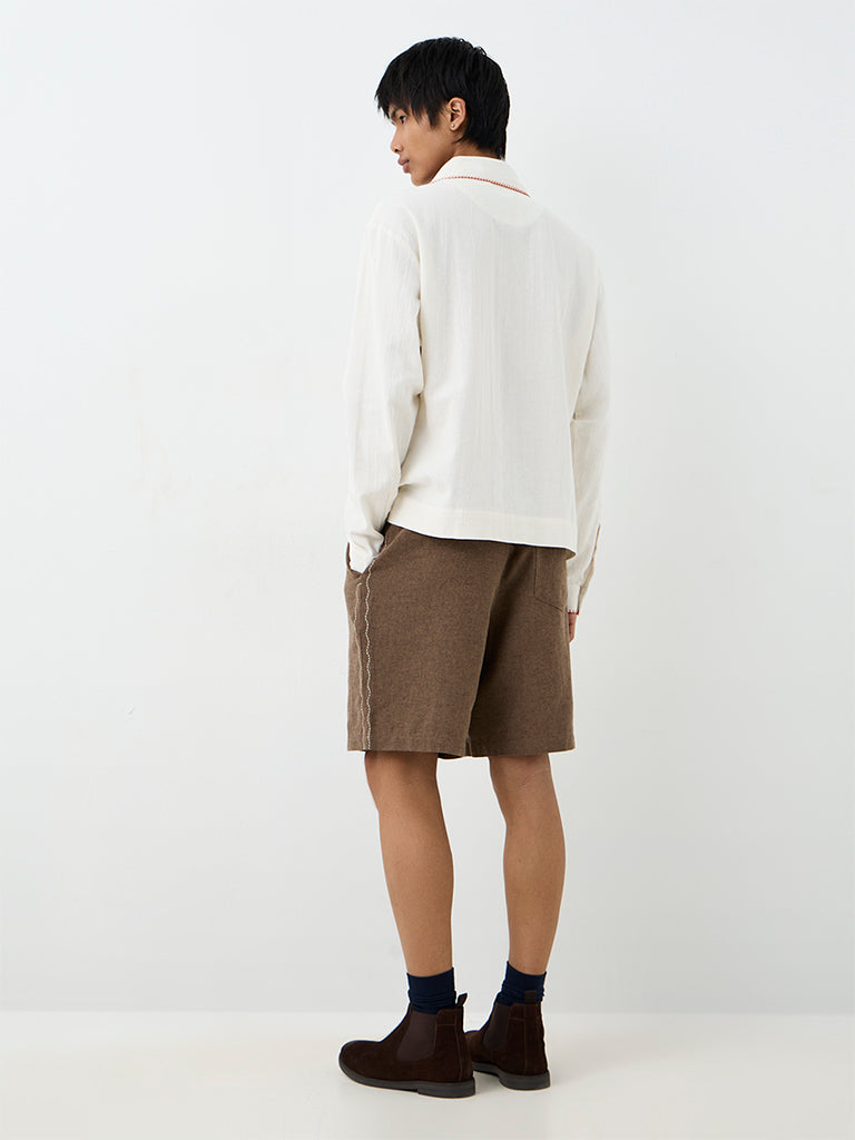 ETA Dark Taupe Embroidered Relaxed-Fit Mid-Rise Cotton-Blend Shorts