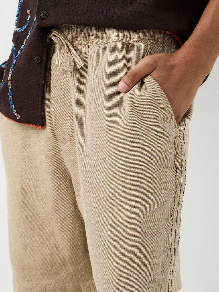 ETA Light Beige Embroidered Relaxed-Fit Mid-Rise Cotton-Blend Shorts