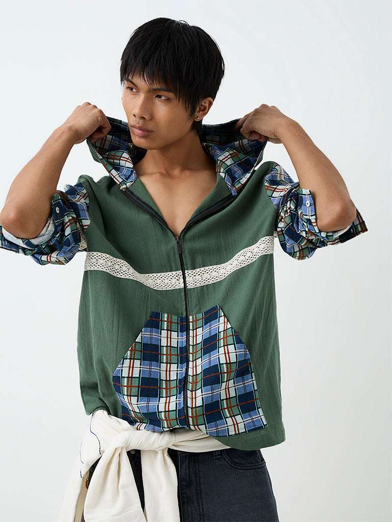 ETA Green Plaid Checkered Relaxed-Fit Hooded Cotton Jacket