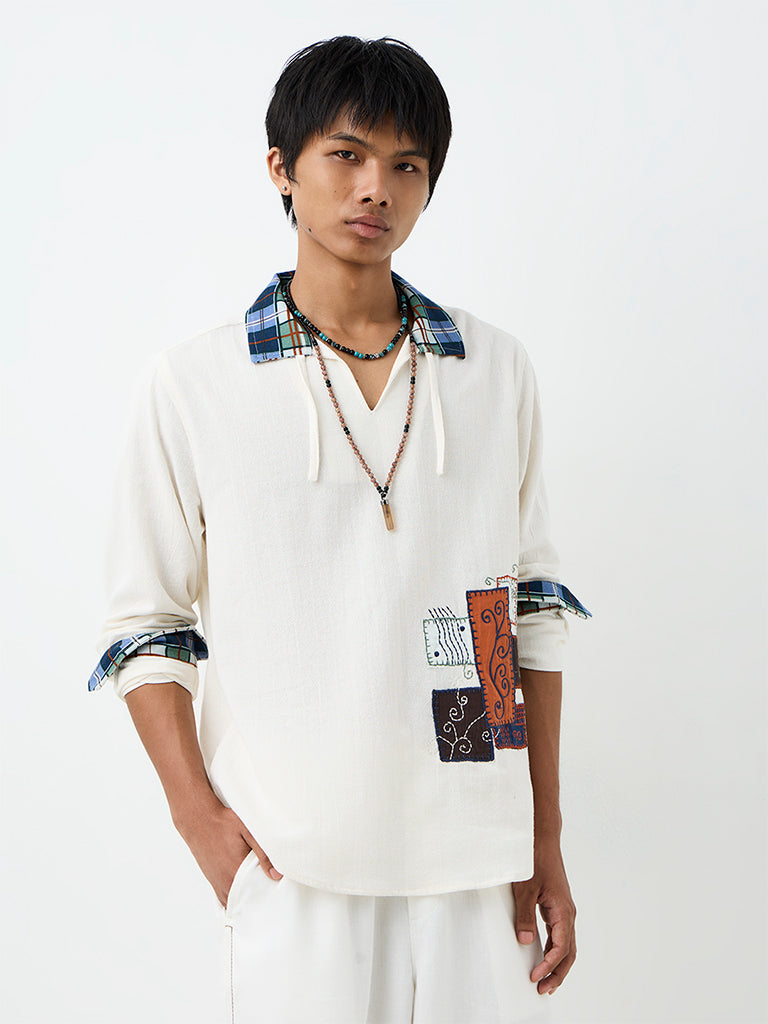 ETA White Patchwork Embroidered Relaxed-Fit Cotton-Blend Shirt