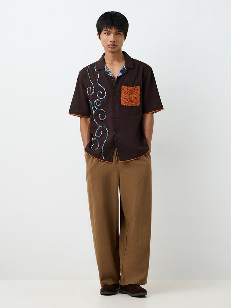 ETA Brown Crochet-Detailed Relaxed-Fit Cotton Shirt