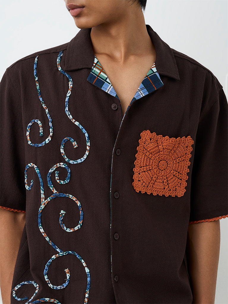ETA Brown Crochet-Detailed Relaxed-Fit Cotton Shirt