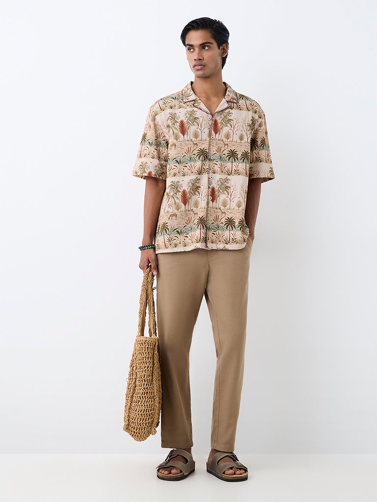 ETA Beige Tropical Printed Relaxed-Fit Cotton Shirt
