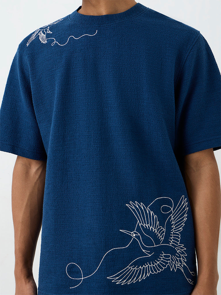 ETA Dark Blue Bird Embroidered Relaxed-Fit Cotton-Blend T-Shirt